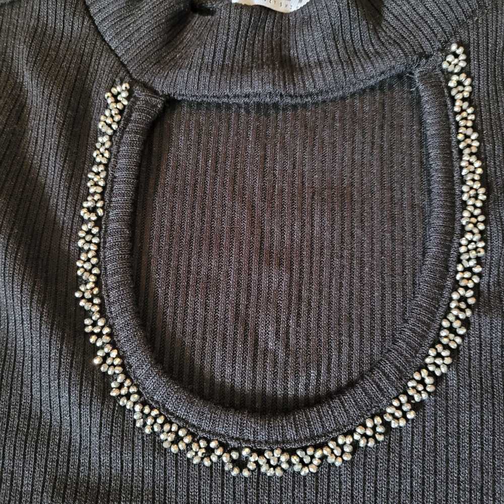 Black dressy, ribbed, stone neckline,nice for Christmas events. LIKE NEW - Picture 4 of 6